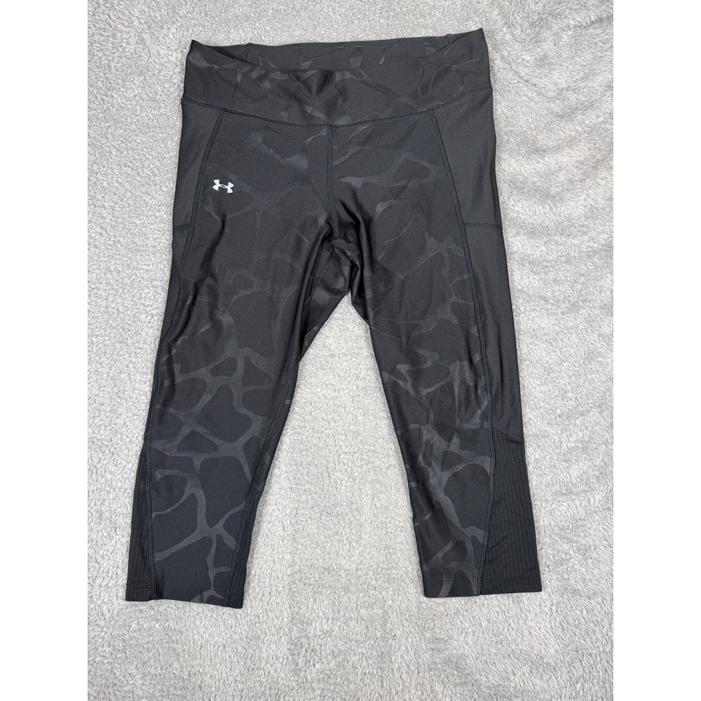 Under Armour Capri Leggings Womens M Black Camo HeatGear Good Pockets Mesh Sport